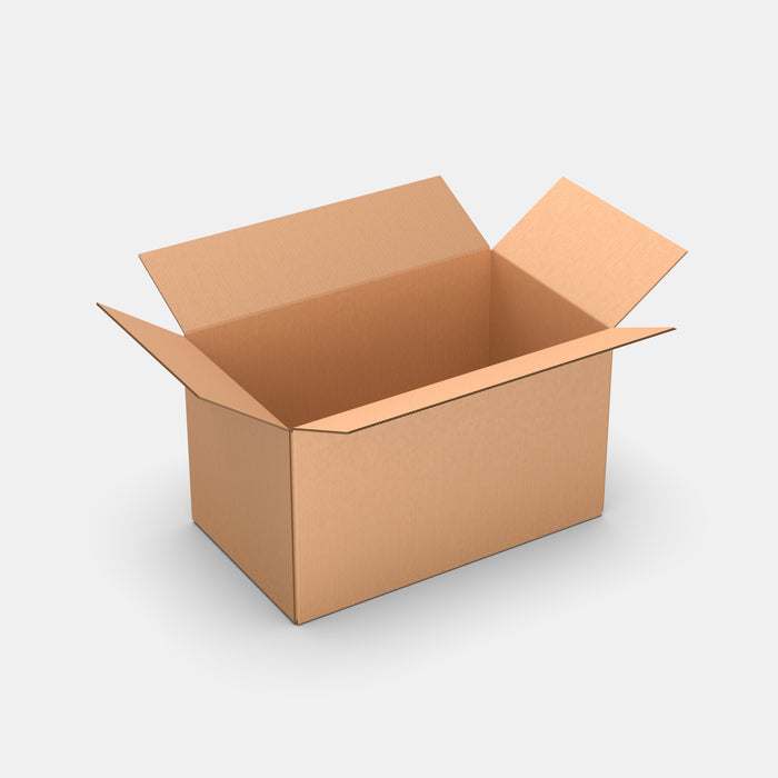 Omniva L100% parcel locker box 630×370×380 mm – open cardboard box on white background