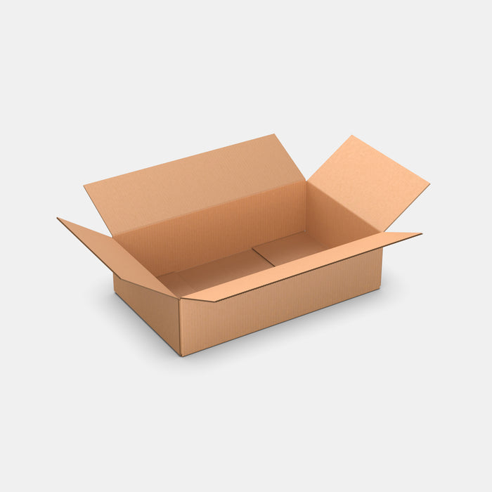 Omniva M100% parcel locker box 630×370×180 mm – open cardboard box on white background