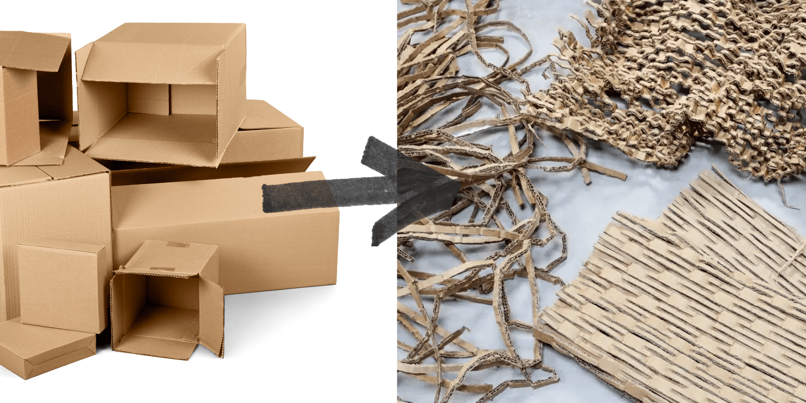 Cardboard boxes being recycled into honeycomb and shredded cardboard packaging material using a cardboard shredder.