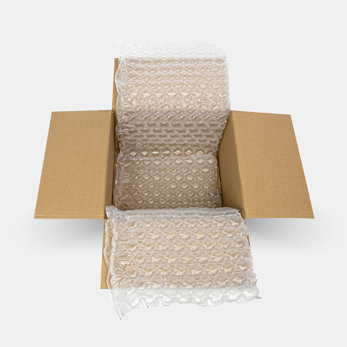 Open box showing 400 × 320 mm air cushion roll with unrolled film