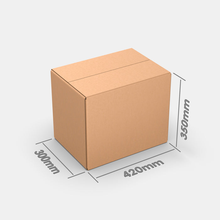 DPD L50% parcel locker box 300×420×350 mm – closed cardboard box with dimensions labeled on white background