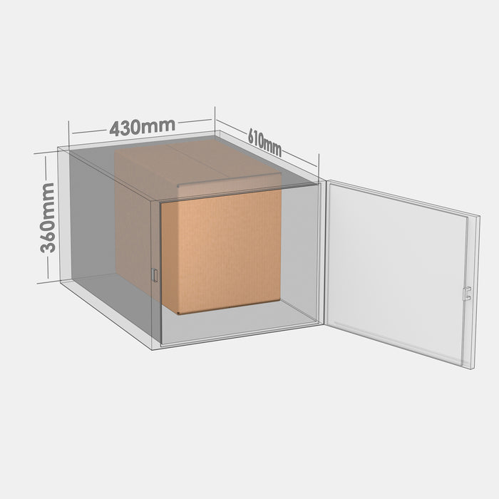 DPD L50% parcel locker box 300×420×350 mm placed inside parcel locker compartment with dimensions labeled