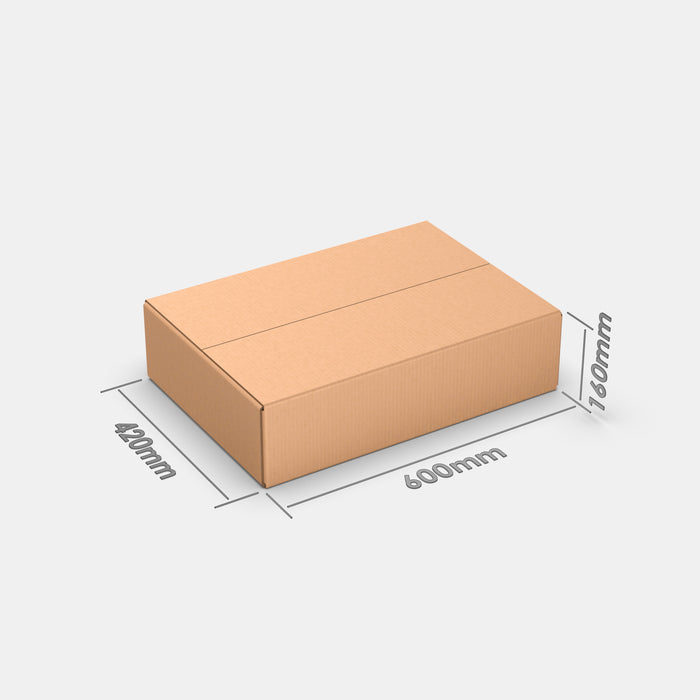 DPD M100% parcel locker box 600×420×160 mm – closed cardboard box with dimensions labeled on white background