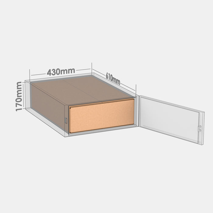DPD M100% parcel locker box 600×420×160 mm placed inside parcel locker compartment with dimensions labeled