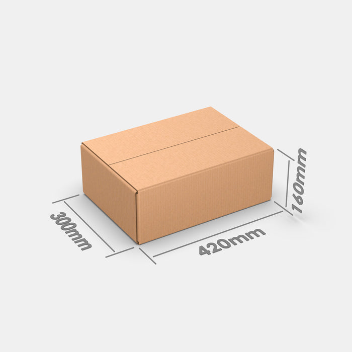 DPD M50% parcel locker box 300×420×160 mm – closed cardboard box with dimensions labeled on white background