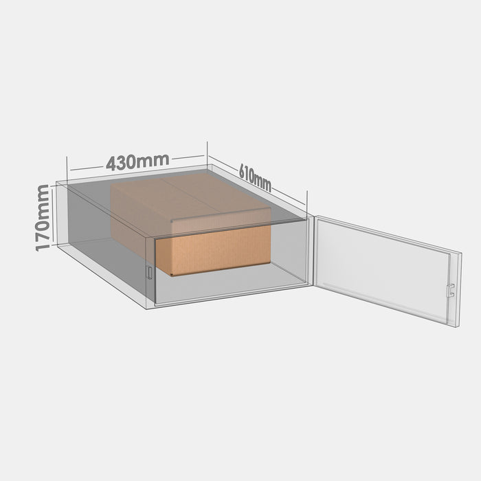 DPD M50% parcel locker box 300×420×160 mm placed inside parcel locker compartment with dimensions labeled