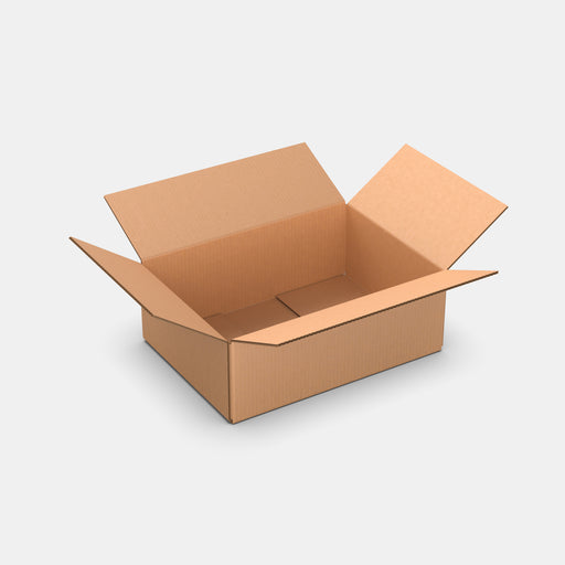 DPD M50% parcel locker box 300×420×160 mm – open cardboard box on white background
