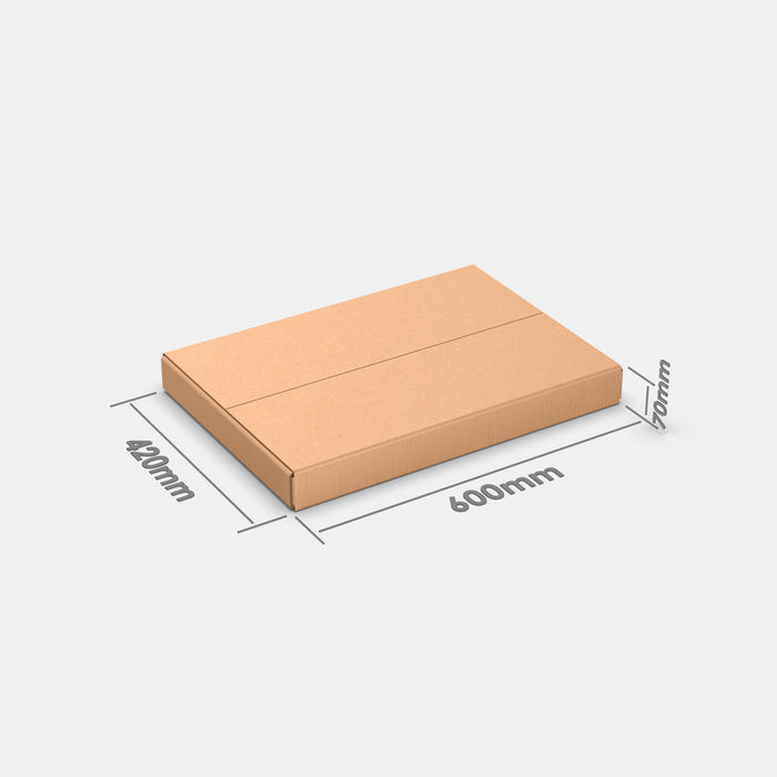 DPD S100% parcel locker box 600×420×70 mm – closed cardboard box with dimensions labeled on white background