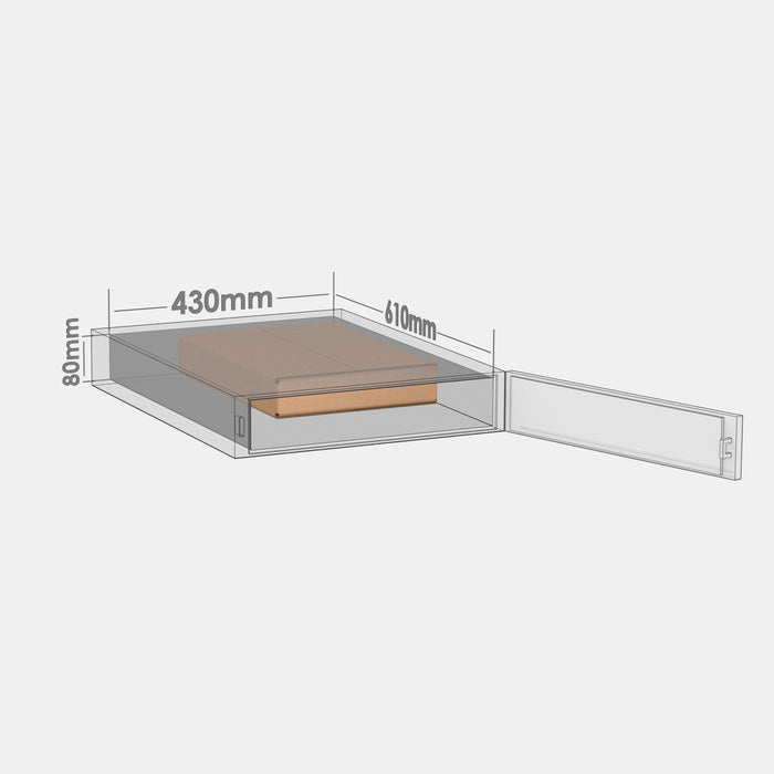 DPD S50% parcel locker box 300×420×70 mm placed inside parcel locker compartment with dimensions labeled