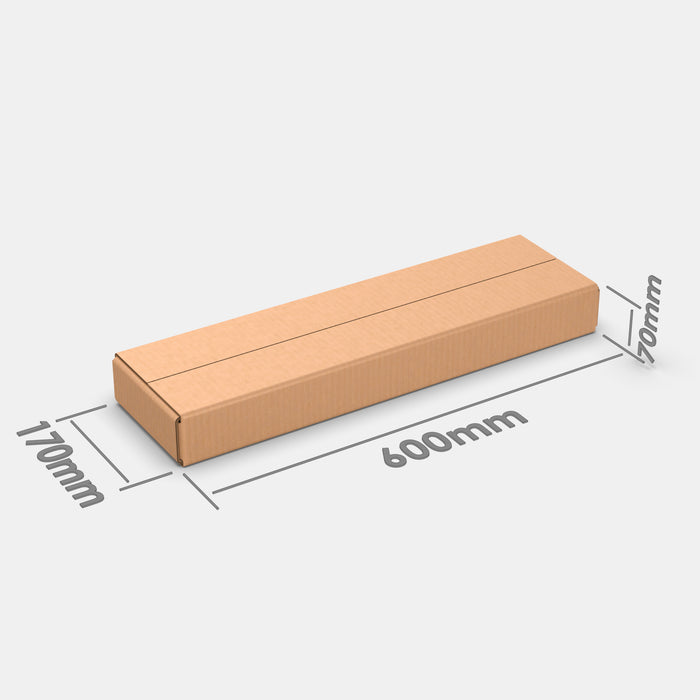 DPD XS parcel cardboard box 600×170×70 mm – closed box with dimensions shown on white background