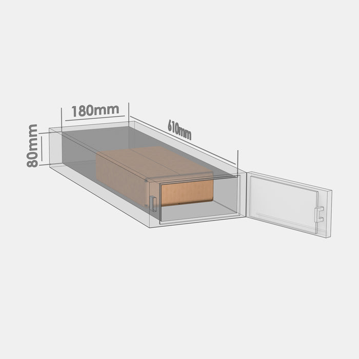 DPD XS50% parcel locker box 300×170×70 mm placed inside parcel locker compartment with dimensions labeled