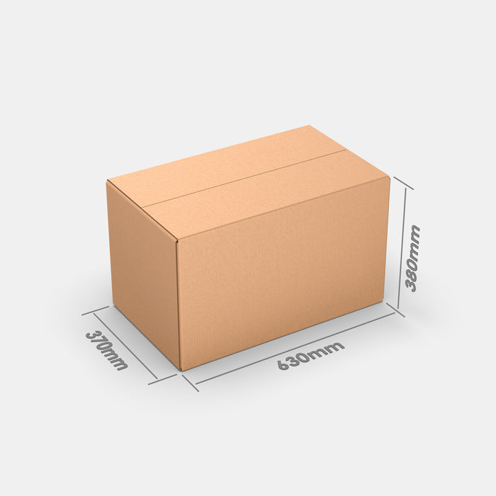 Omniva L100% parcel locker box 630×370×380 mm – closed cardboard box with dimensions labeled on white background