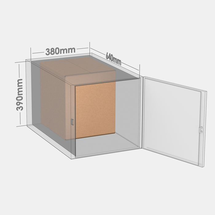 Omniva L50% parcel locker box 320×370×380 mm placed inside parcel locker compartment with dimensions labeled