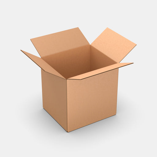Omniva L50% parcel locker box 320×370×380 mm – open cardboard box on white background