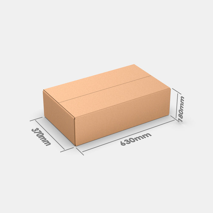 Omniva M100% parcel locker box 630×370×180 mm – closed cardboard box with dimensions labeled on white background