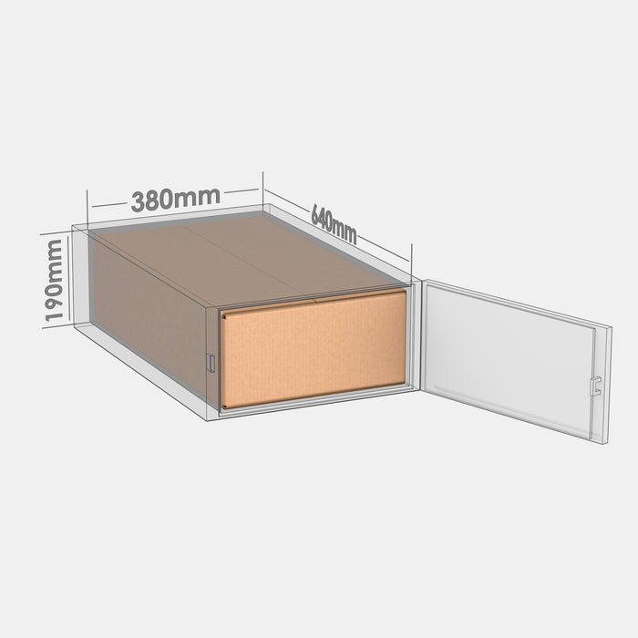 Omniva M100% parcel locker box 630×370×180 mm placed inside parcel locker compartment with dimensions labeled