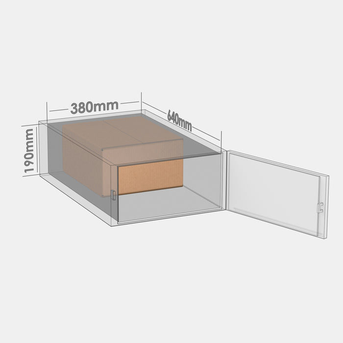 Omniva M50% parcel locker box 320×370×180 mm placed inside parcel locker compartment with dimensions labeled