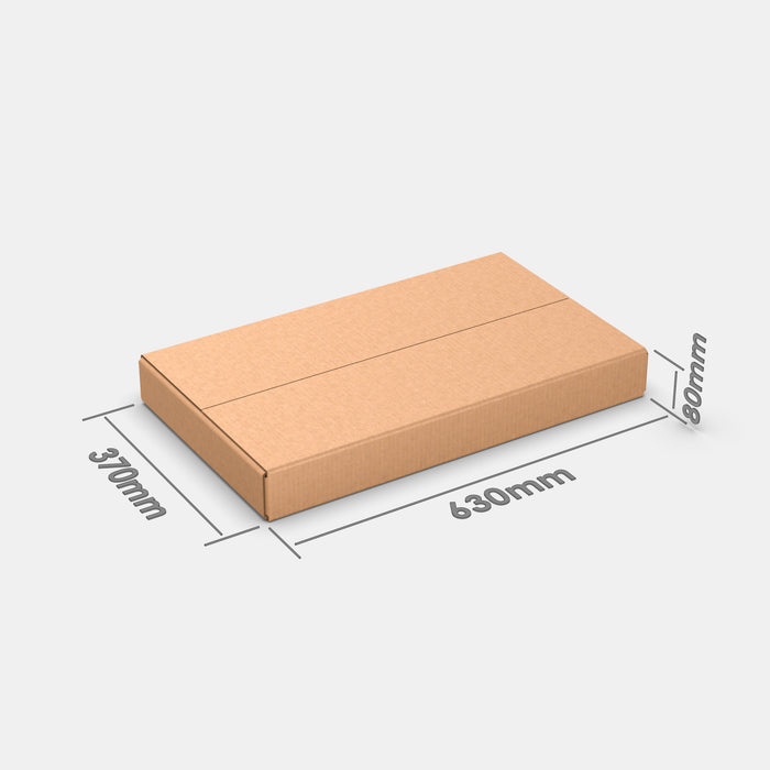 Omniva S100% parcel locker box 630×370×80 mm – closed cardboard box with dimensions labeled on white background