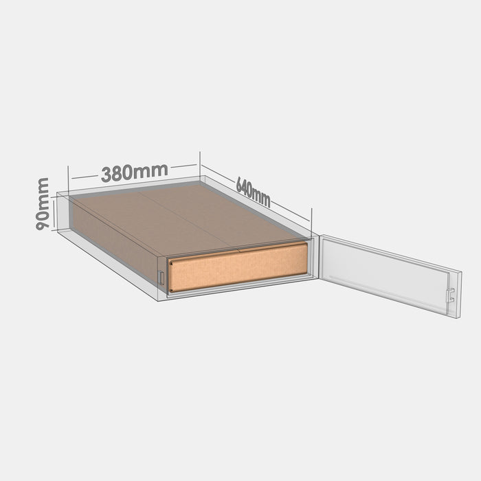 Omniva S100% parcel locker box 630×370×80 mm placed inside parcel locker compartment with dimensions labeled