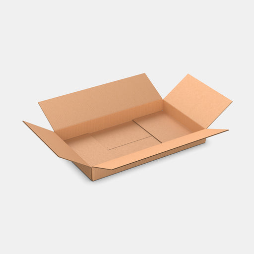 Omniva S100% parcel locker box 630×370×80 mm – open cardboard box on white background