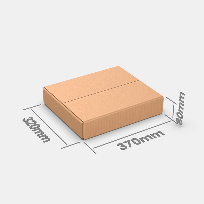 Omniva S50% parcel locker box 320×370×80 mm – closed cardboard box with dimensions labeled on white background