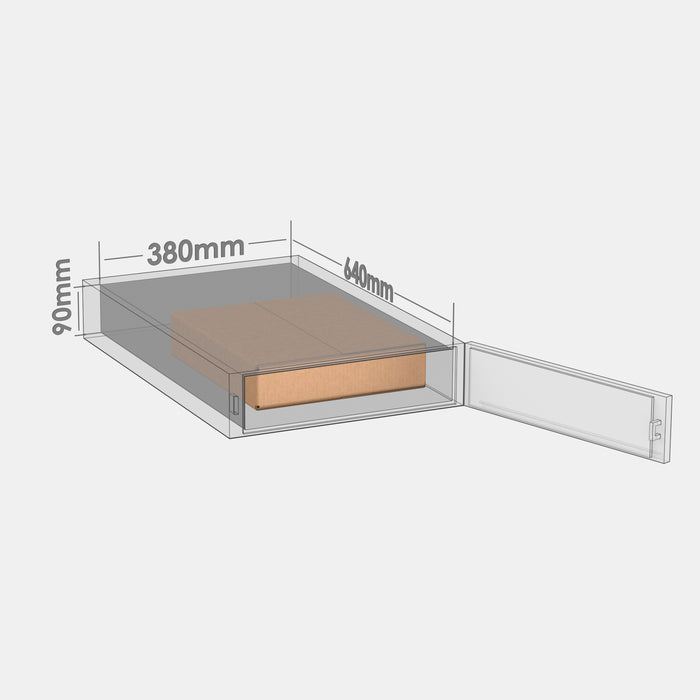 Omniva S50% parcel locker box 320×370×80 mm placed inside parcel locker compartment with dimensions labeled