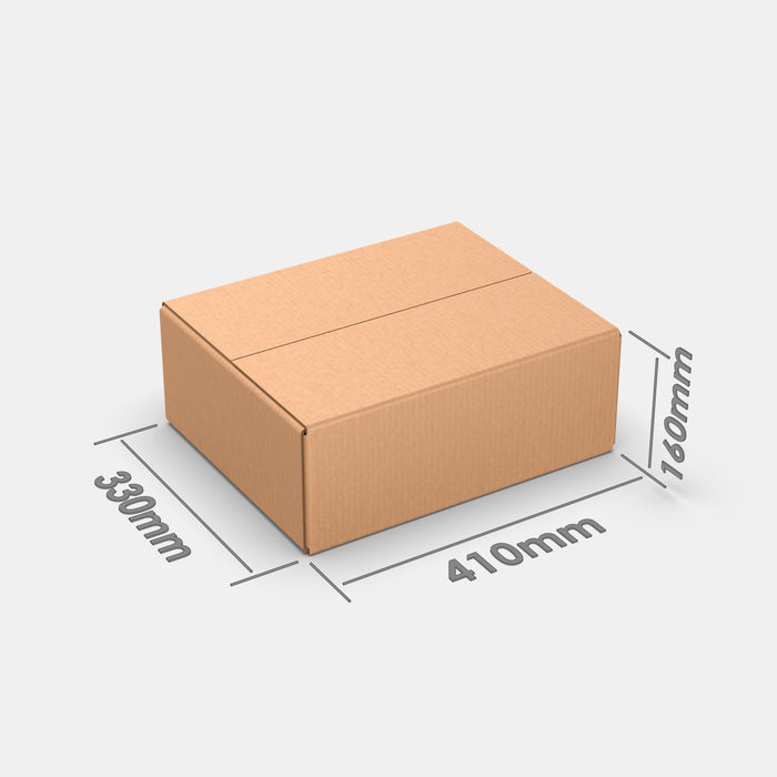 PAKFUL Universal M 100% parcel box 410×330×160 mm – closed cardboard box with dimensions labeled on white background