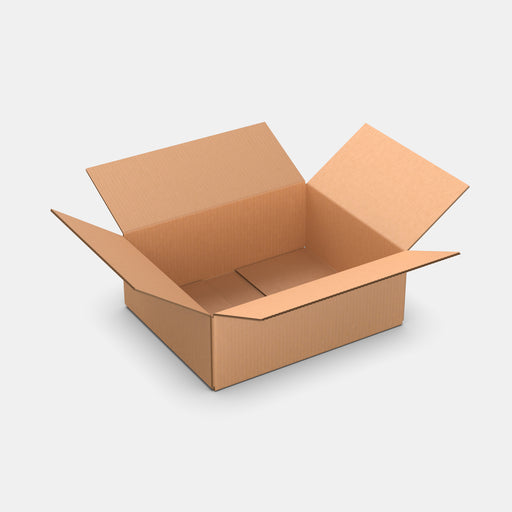 PAKFUL Universal M 100% parcel box 410×330×160 mm – open cardboard box on white background