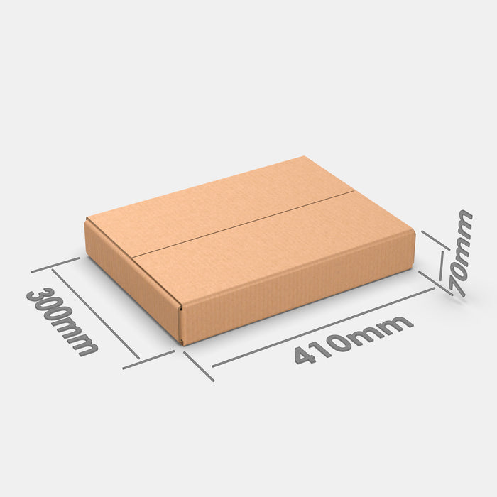 PAKFUL Universal S 100% parcel box 410×300×70 mm – closed cardboard box with dimensions labeled on white background