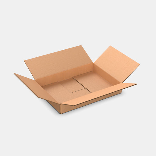 PAKFUL Universal S 100% parcel box 410×300×70 mm – open cardboard box on white background