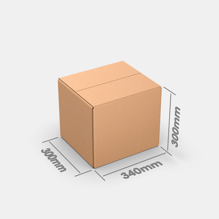 PAKFUL Universal XL 25% parcel box 300×340×300 mm – closed cardboard box with dimensions labeled on white background