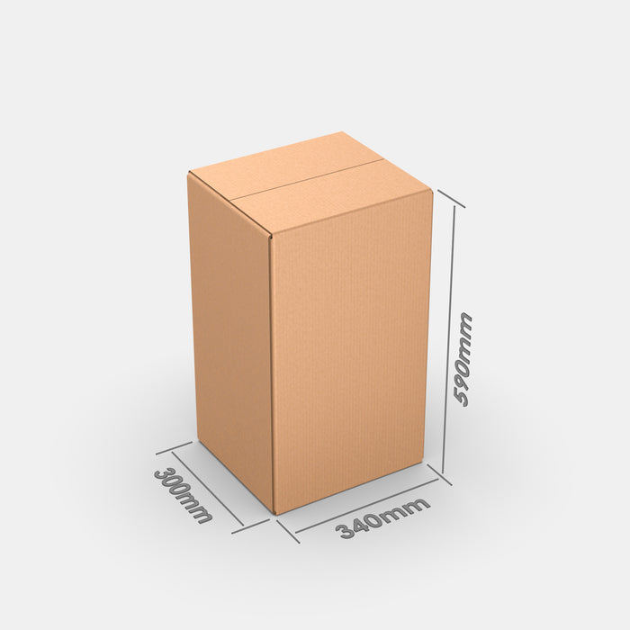 PAKFUL Universal XL 50% parcel box 300×340×590 mm – closed cardboard box with dimensions labeled on white background
