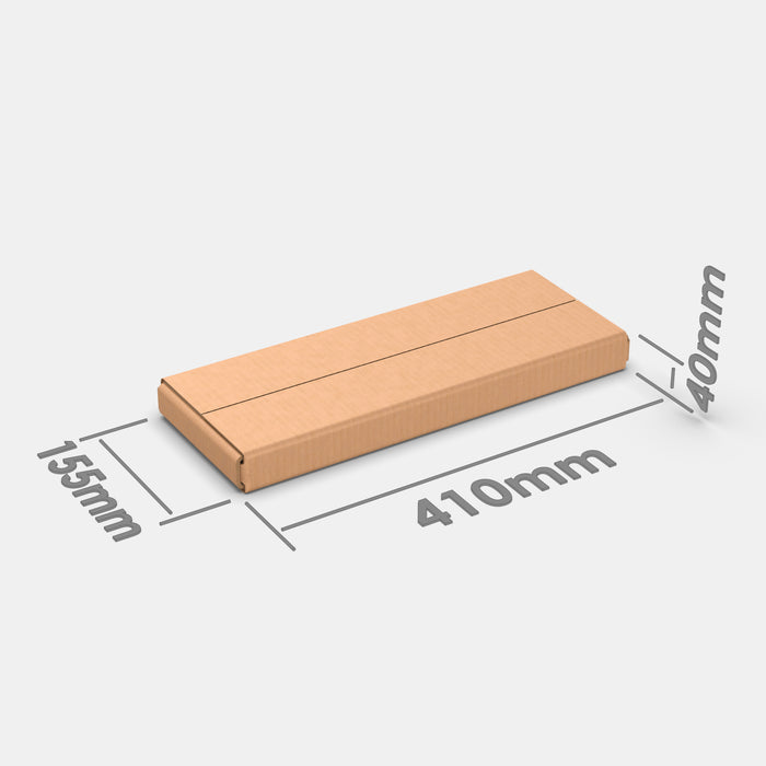 PAKFUL Universal XS 100% parcel box 410×155×40 mm – closed cardboard box with dimensions labeled on white background