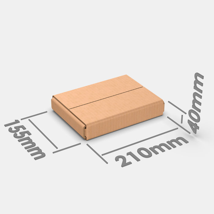 PAKFUL Universal XS 50% parcel box 210×155×40 mm – closed cardboard box with dimensions labeled on white background
