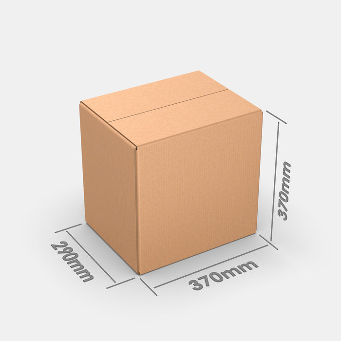 PASTS L 50% parcel locker box 290×370×370 mm – cardboard box with dimensions labeled on white background