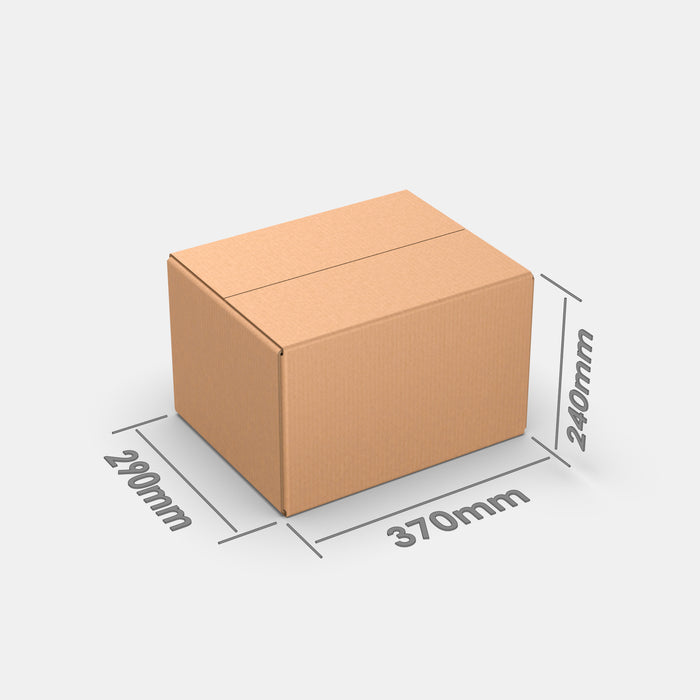PASTS M 50% parcel locker box 290×370×240 mm – cardboard box with dimensions labeled on white background