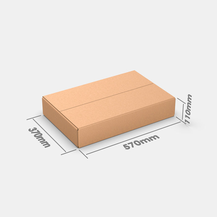 PASTS S 100% parcel locker box 570×370×110 mm – cardboard box with dimensions labeled on white background