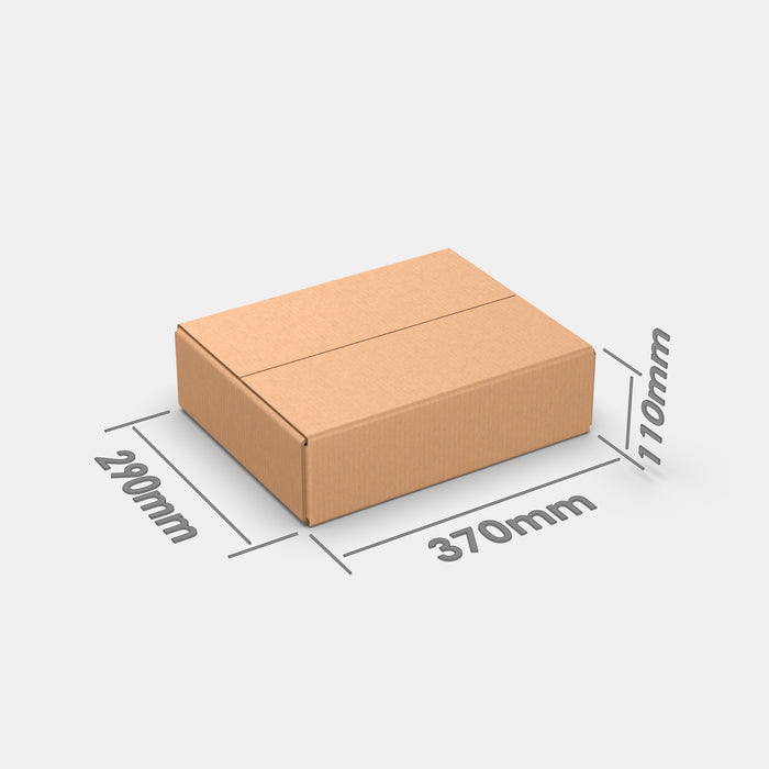 PASTS S 50% parcel locker box 290×370×110 mm – cardboard box with dimensions labeled on white background