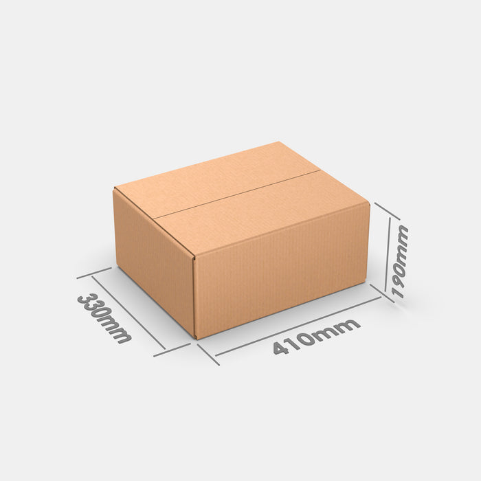 Smart Posti M 100% parcel locker box 410×330×360 mm – cardboard box with dimensions labeled on white background