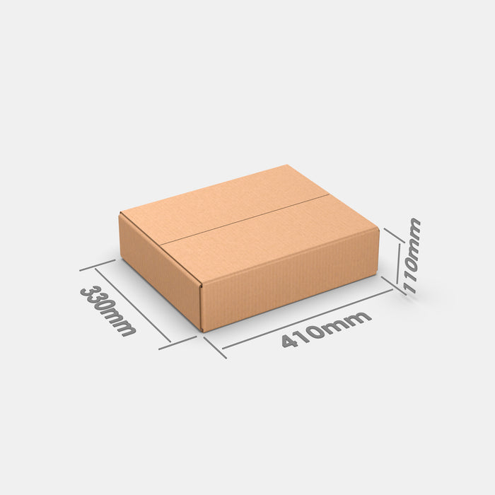 Smart Posti S 100% parcel locker box 410×330×110 mm – cardboard box with dimensions labeled on white background