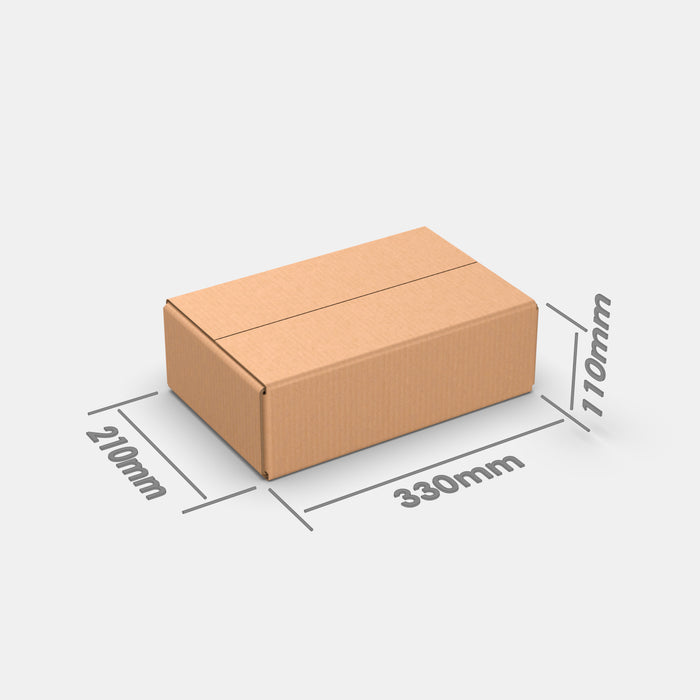 Smart Posti S 50% parcel locker box 210×330×110 mm – cardboard box with dimensions labeled on white background