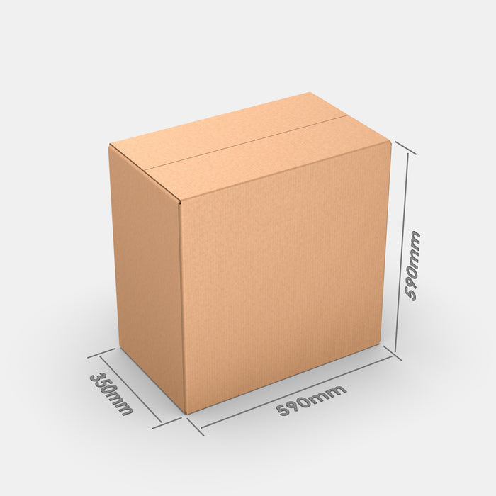 Smart Posti XL 100% parcel locker box 590×350×590 mm – cardboard box with dimensions labeled on white background