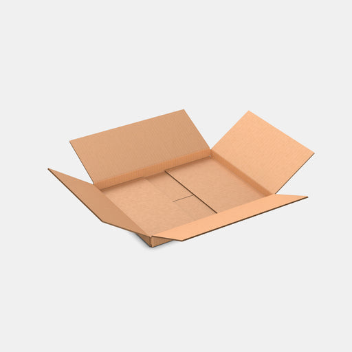 Smart Posti XS 100% parcel locker box 410×330×40 mm – open cardboard box on white background