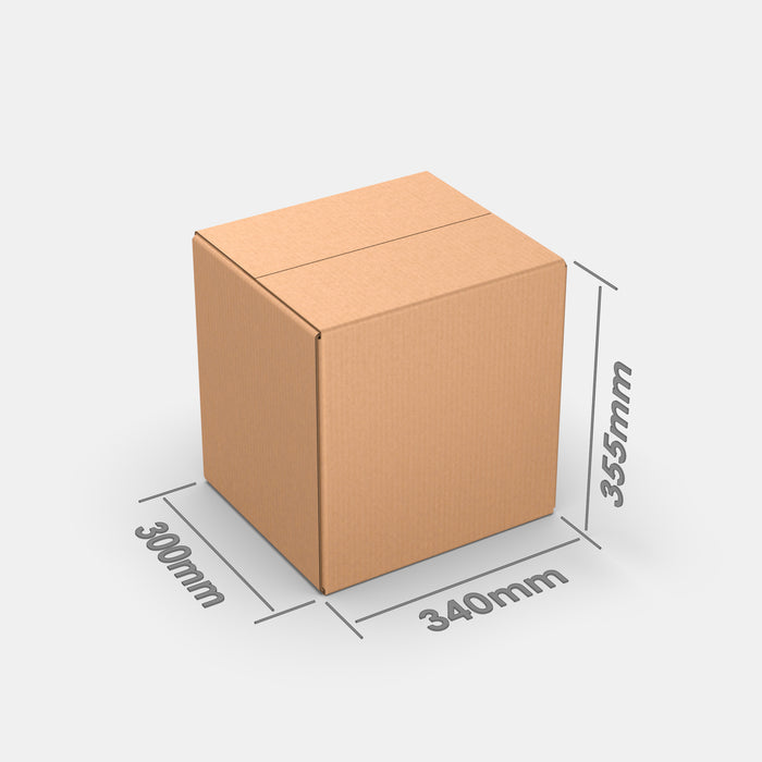 Unisend L 50% parcel locker box 300×340×355 mm – cardboard box with dimensions labeled on white background