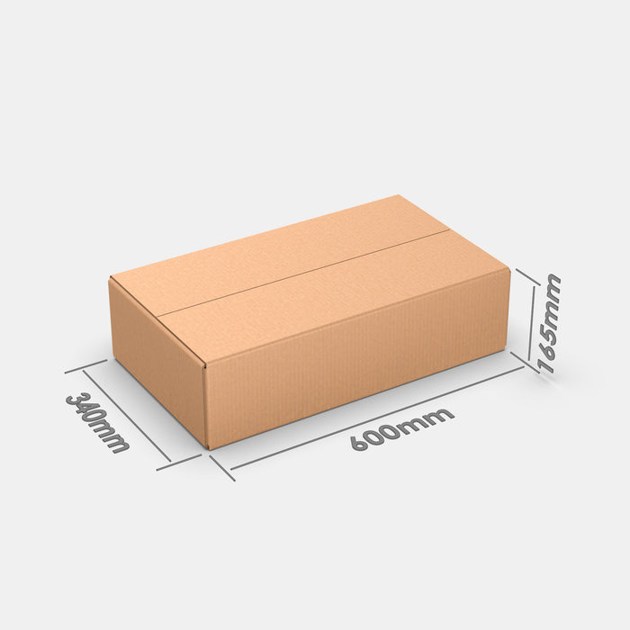 Unisend M 100% parcel locker box 600×340×165 mm – cardboard box with dimensions labeled on white background