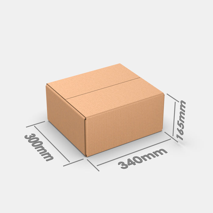 Unisend M 50% parcel locker box 300×340×165 mm – cardboard box with dimensions labeled on white background