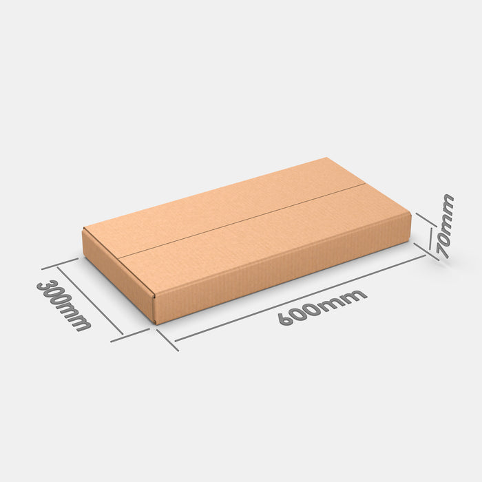 Unisend S 100% parcel locker box 600×300×70 mm – cardboard box with dimensions labeled on white background