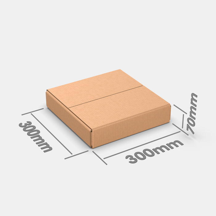 Unisend S 50% parcel locker box 300×300×70 mm – cardboard box with dimensions labeled on white background