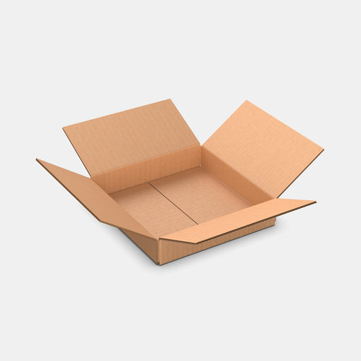 Unisend S 50% parcel locker box 300×300×70 mm – open cardboard box on white background
