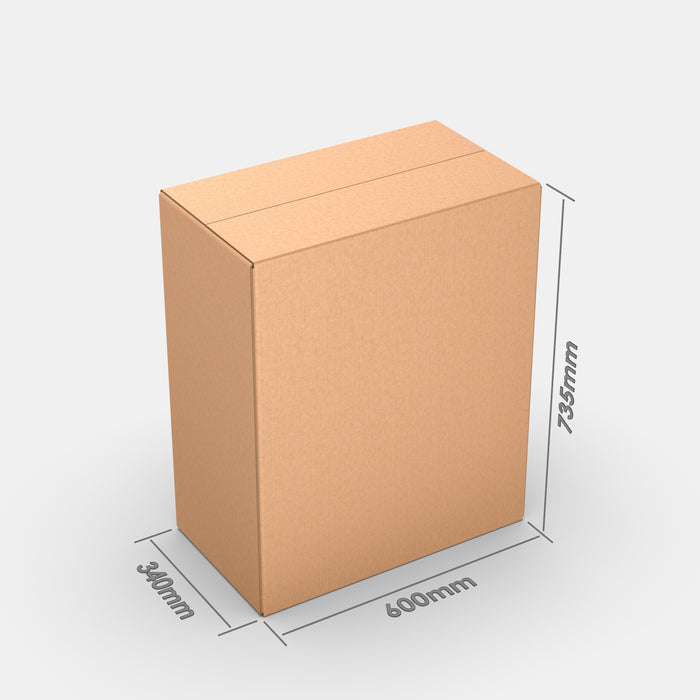 Unisend XL 100% parcel locker box 600×340×735 mm – cardboard box with dimensions labeled on white background